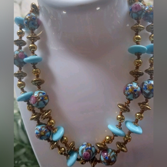 Wedding Cake Robin Egg Blue Glass Beaded Gold Tone Vtg 28" GORGEOUS Necklace - Picture 5 of 15